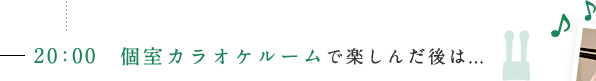 20:00 個室カラオケルームで楽しんだ後は...
